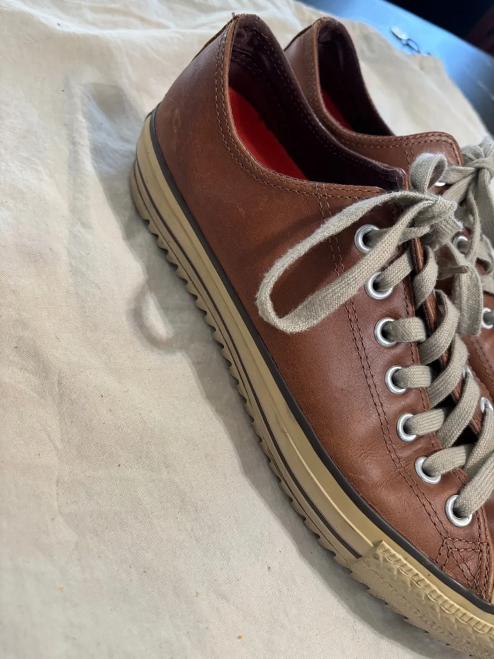 Converse Low Top Leather Sneakers in Brown with Cream Accents - Picture 2 of 6